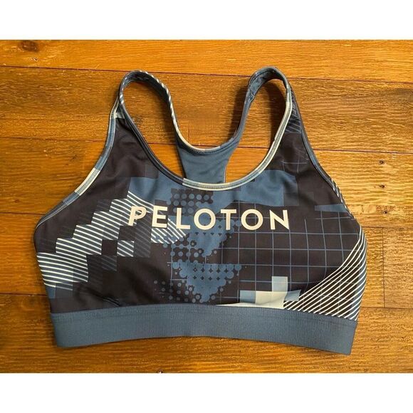 Adidas Peloton L Sports Bra Blue Geometric Racerback Athletic Workout - Picture 3 of 9